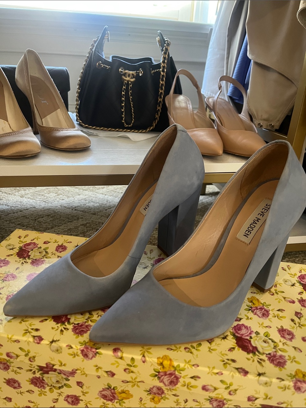 Steve Madden Light Blue Suede Pointed Toe Block Heels